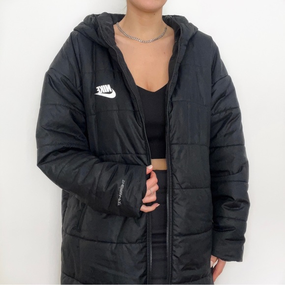 Nike black puffer jacket/ trench coat spellout swoosh logo 🖤 - Picture 4 of 5